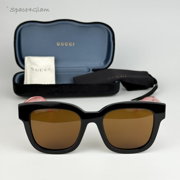 NEW Gucci GG0998S 005 Black Pink Pearl Temples Brown Square Women Sunglasses - Picture 1 of 11